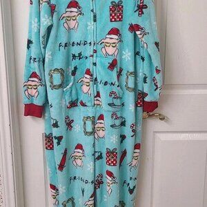 Friends size XL (16-18) Women's Fleece Zip-Up Hooded Union Suit Pajamas Xmas